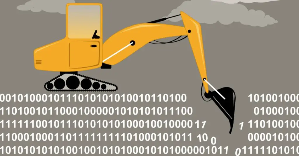 excavator digging through a binary code as a metaphor for data mining